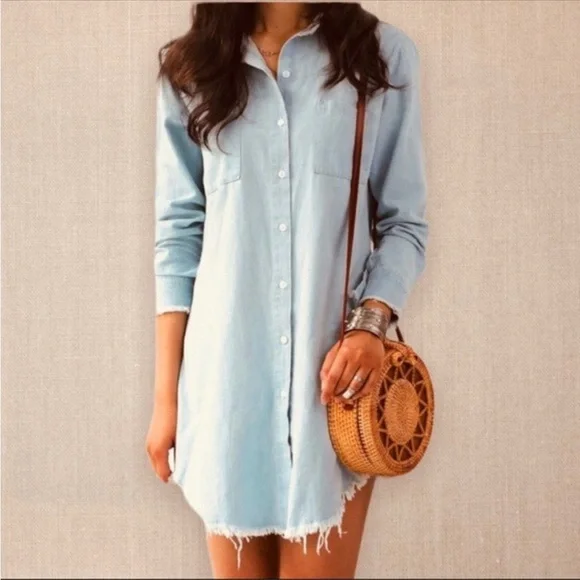 Light Wash Denim Oversized Shirt Chambray Button Up Fringed Hem Mini Dress NEW - Picture 1 of 5